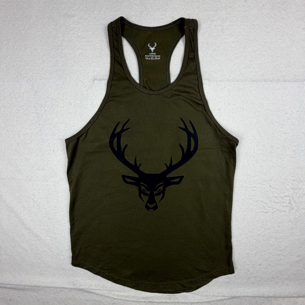 Mens Olive Green Stag Deer Head Graphic Racerback Gym Stringer Tank Top Large